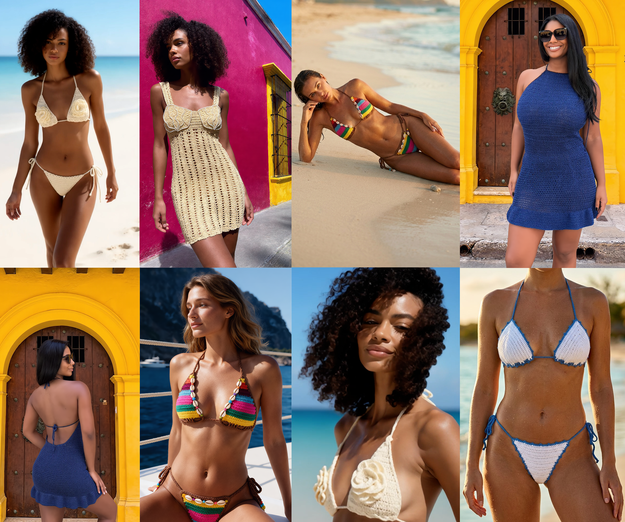 Collage of women at the beach and colorful locations, wearing swimsuits and summer dresses.