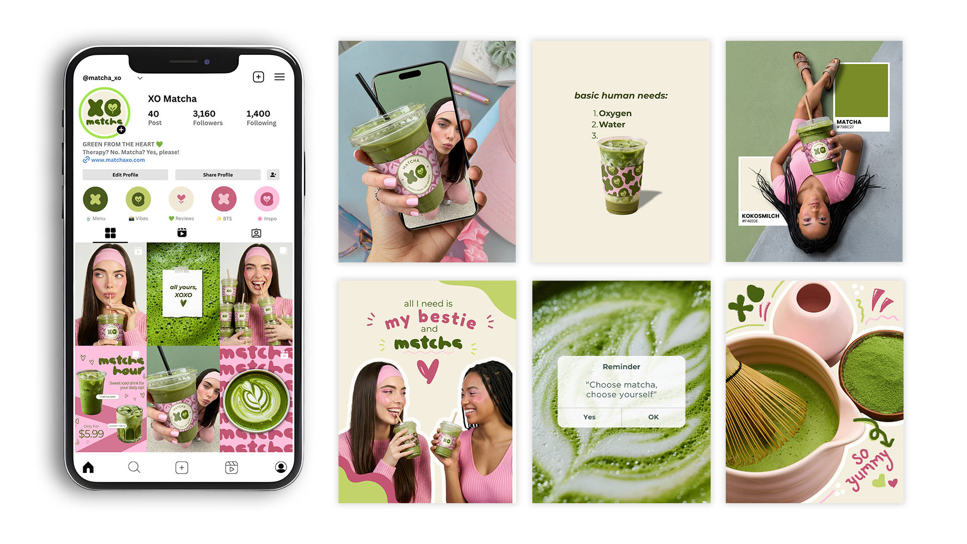 A collage of images featuring matcha green tea drinks, including a smartphone screen displaying an Instagram profile for XO Matcha, a person holding a matcha drink, and various promotional and lifestyle photos of people enjoying matcha drinks.