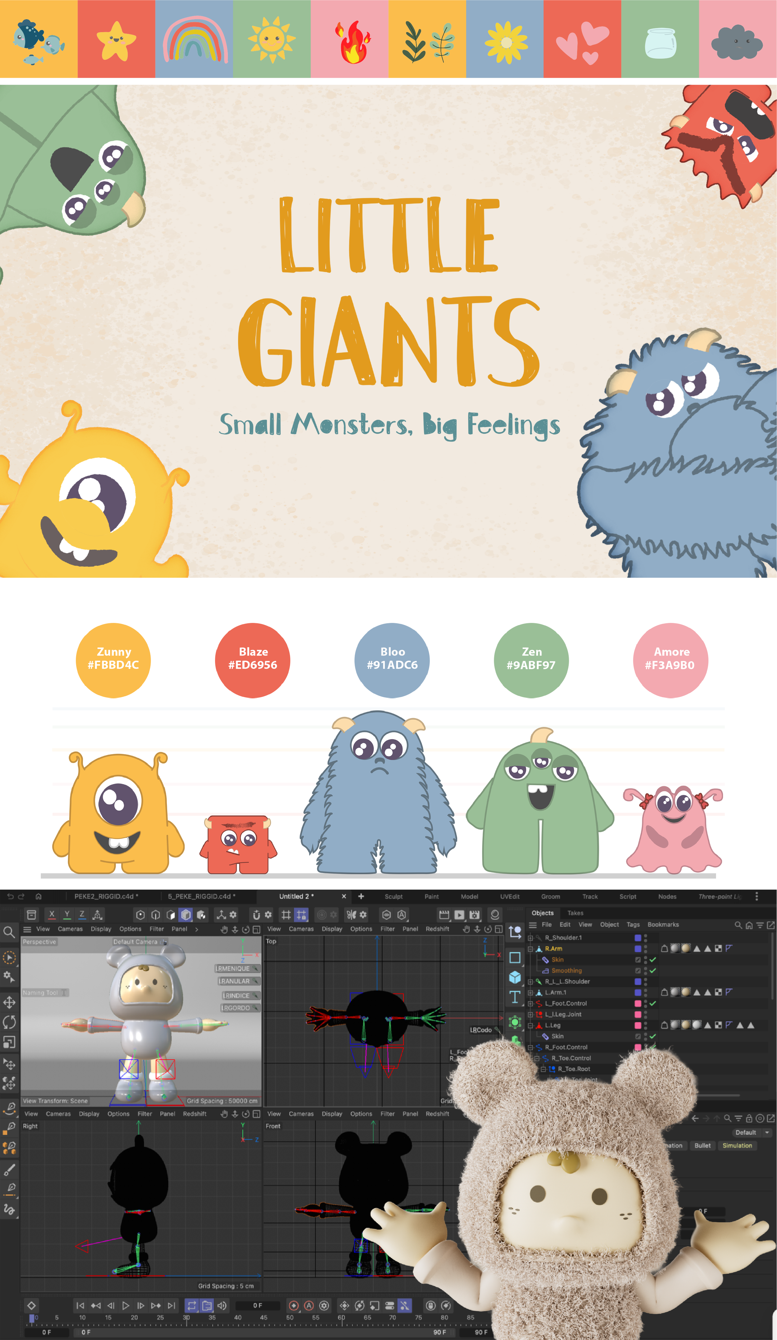 Cover of a children's book titled 'Little Giants: Small Monsters, Big Feelings' featuring colorful cartoon monsters along the top, each with distinct colors and expressions, with some characters displayed in 3D modeling software software below.