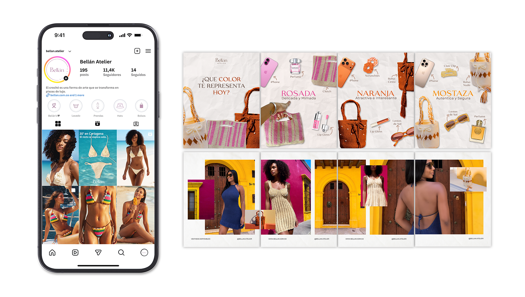 Fashion Instagram profile page on a smartphone and promotional images of colorful bags, makeup, and clothing for summer fashion collection.