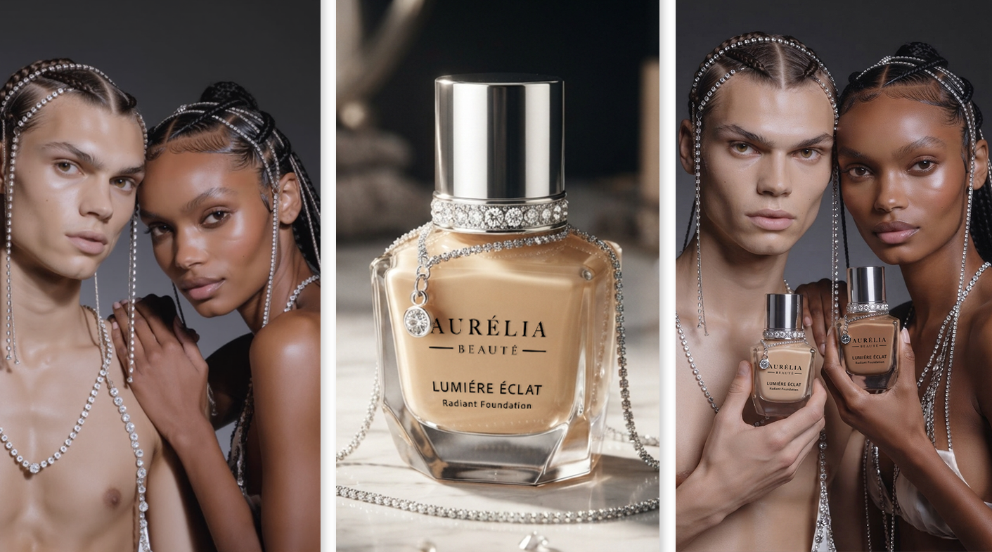 Two models with styled hair and jewelry posing next to a bottle of Aurelia Beaute Lumiere Eclat Radiant Foundation, surrounded by diamond accessories, with a dark background.