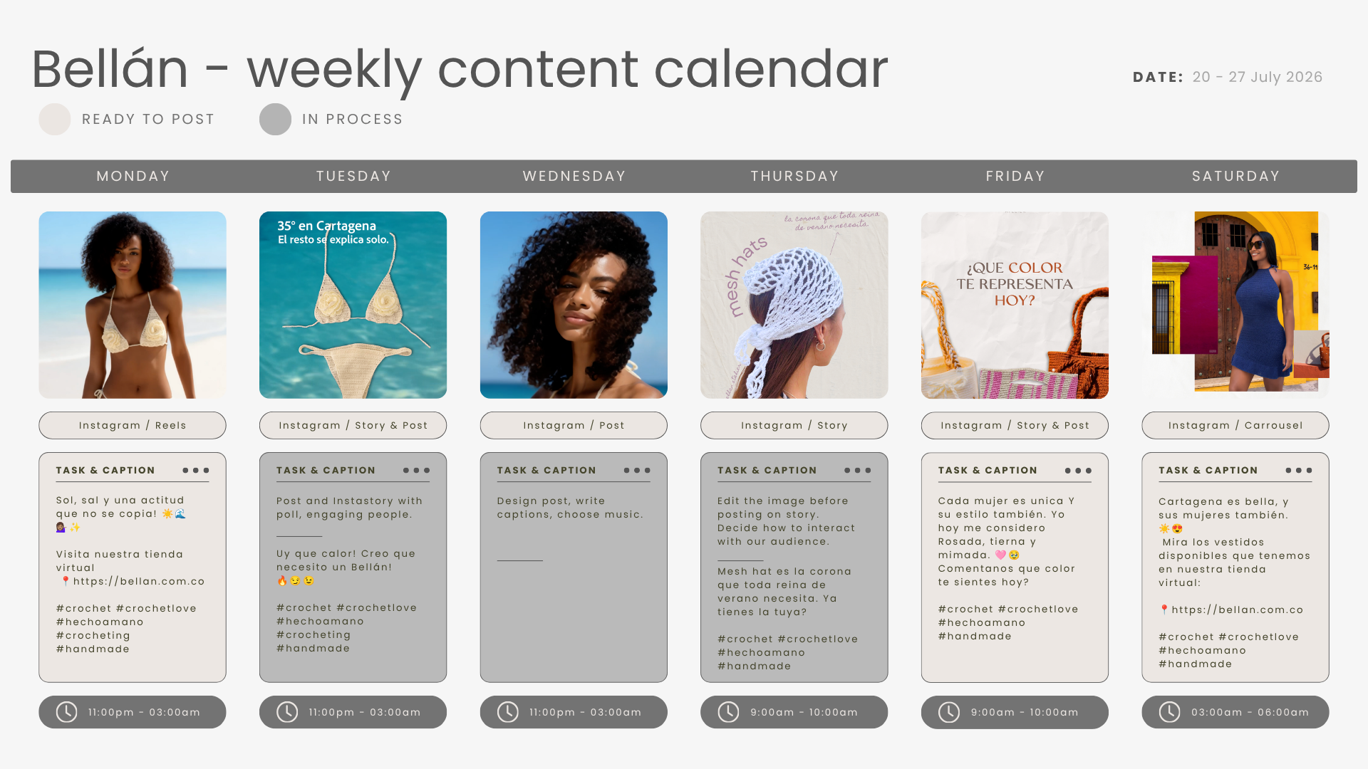 Weekly content calendar for Bellán, June 20-27, 2026, with days of the week at the top, images and task descriptions below each day, and icons indicating content status and posting times.