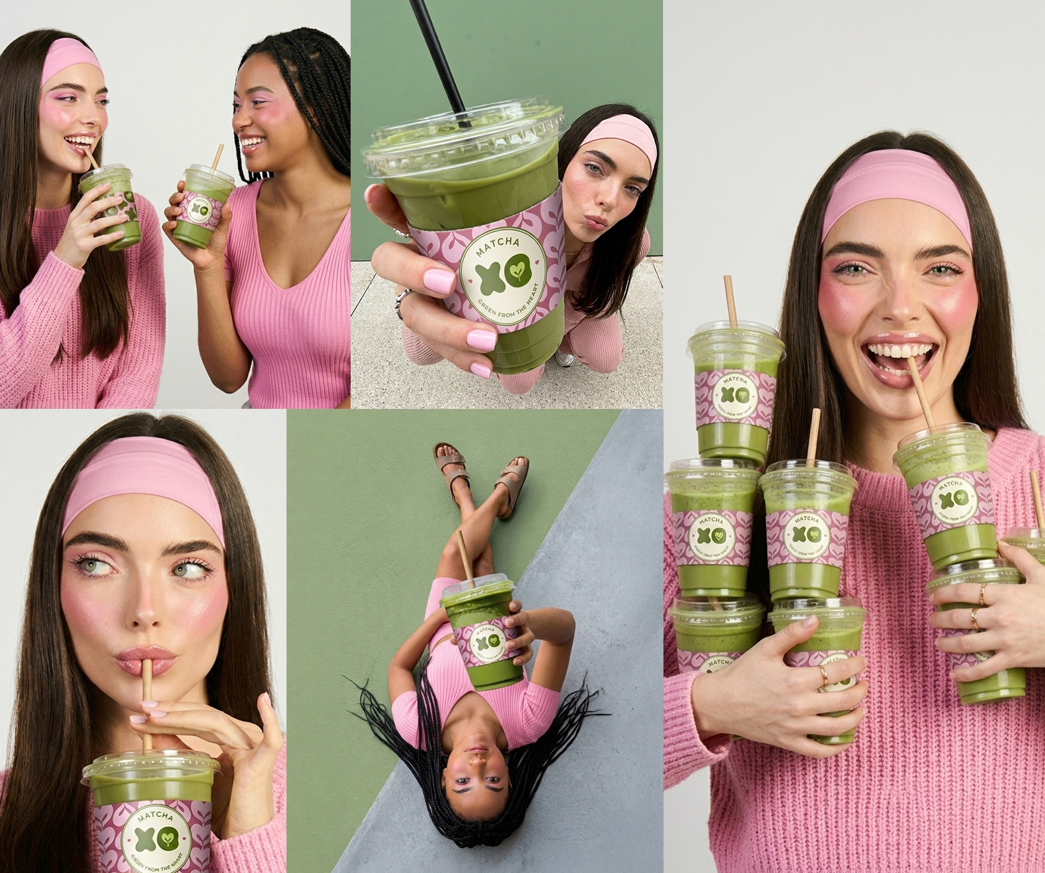 Collage of young women enjoying and posing with green matcha smoothies in pink patterned cups, with one woman in the center kissing her smoothie, and another upside-down woman with long black braids looking at the camera.