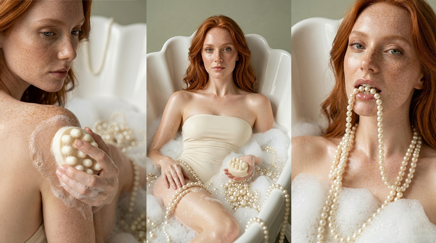 Red-haired woman in a bathtub filled with soap bubbles, holding strands of pearls and a pearl-adorned soap, surrounded by pearls in the water.