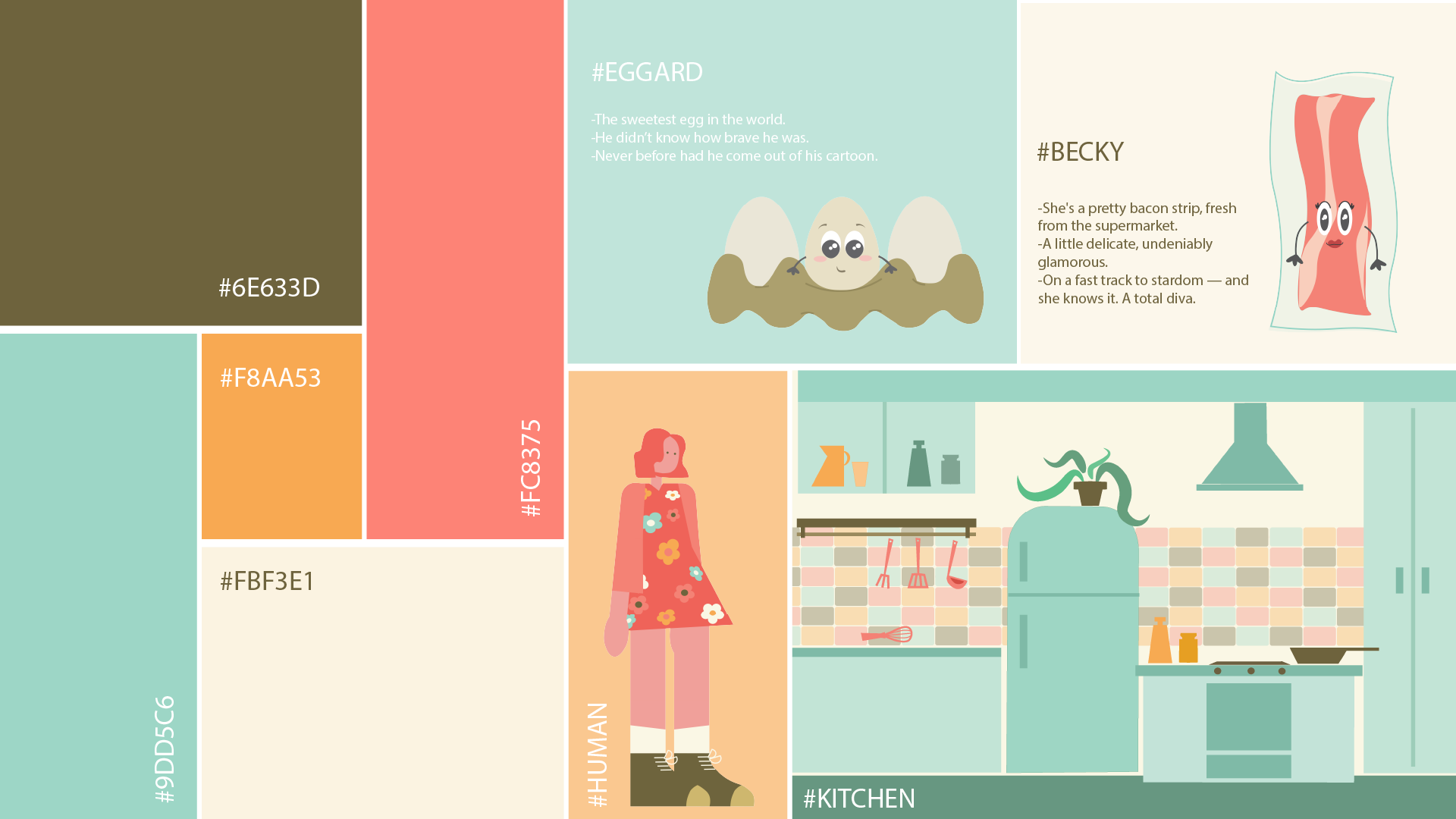 A colorful infographic with various illustrated sections, including a close-up of a kitchen with utensils, cabinets, and a plant, a cartoon woman in a floral dress, and sections of text with color codes. The infographic features various colors and fonts, with sections labeled with hashtags like #EGGARD, #BECKY, and #KITCHEN.