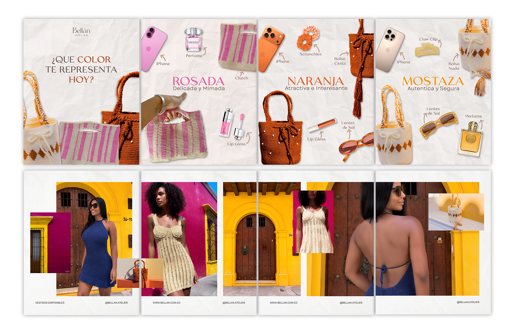 Collage featuring colorful handbags, jewelry, sunglasses, and fashion accessories, along with photos of women in stylish dresses in vibrant urban settings, with text in Spanish asking what color represents you today.