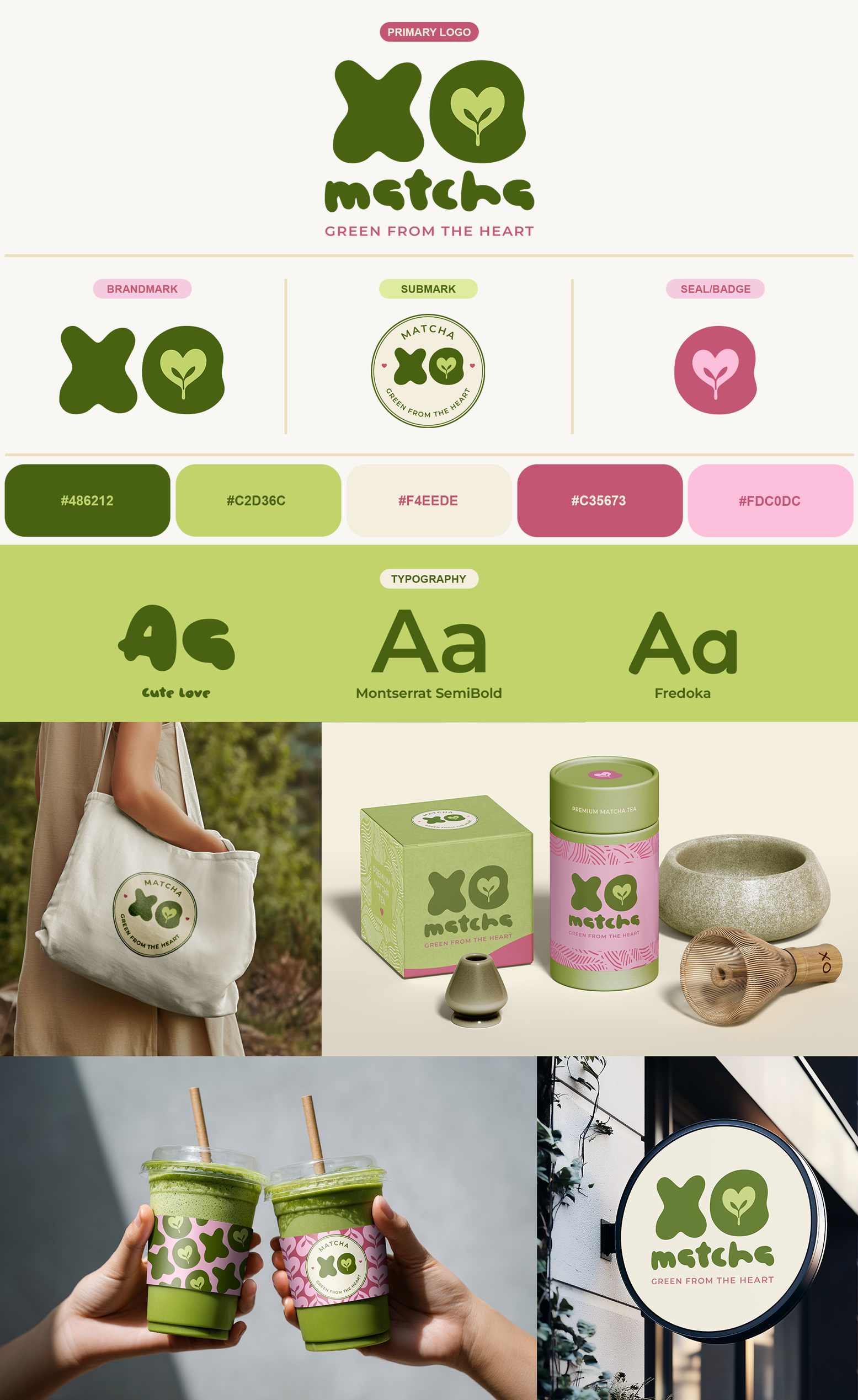 A branding and product design board for XO Matcha, a matcha tea brand. It includes the logo, badges, packaging, merchandise, and promotional images emphasizing green and pink color schemes.
