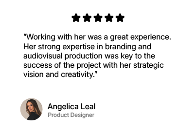 A five-star rating with a quote about working with a woman, praising her strategic vision and creativity, attributed to Angelica Leal, a product designer, with her photo at the bottom.