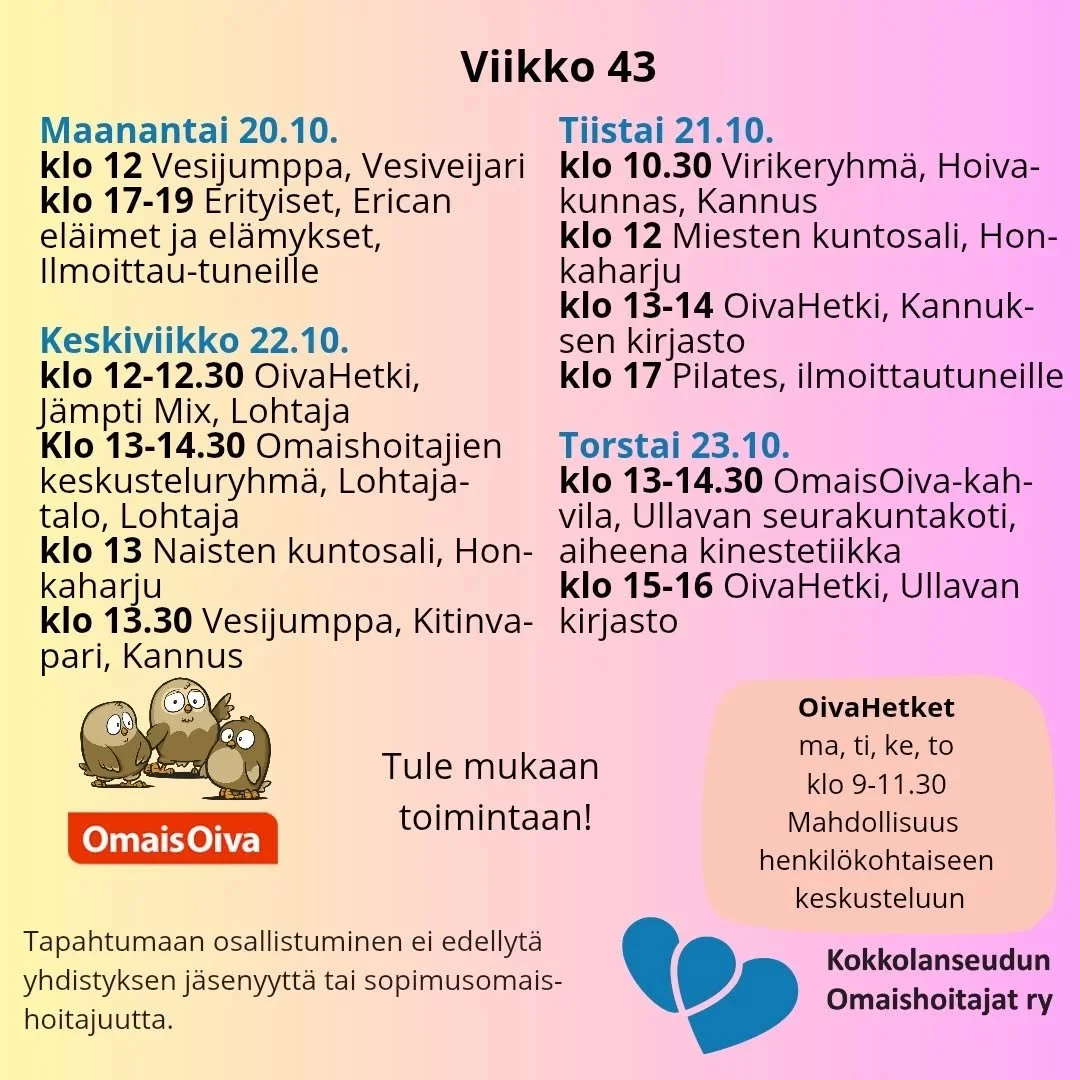 Yhdistyksen toiminta viikolla 43 pitää sisällään mm. tietoa kinestetiikasta Ullavan OmaisOiva -kahvilassa:
Maanantai 20.10.
klo 12 Vesijumppa, Vesiveijari
klo 17-19 Erityiset, Erican eläimet ja elämykset, Ilmoittau
