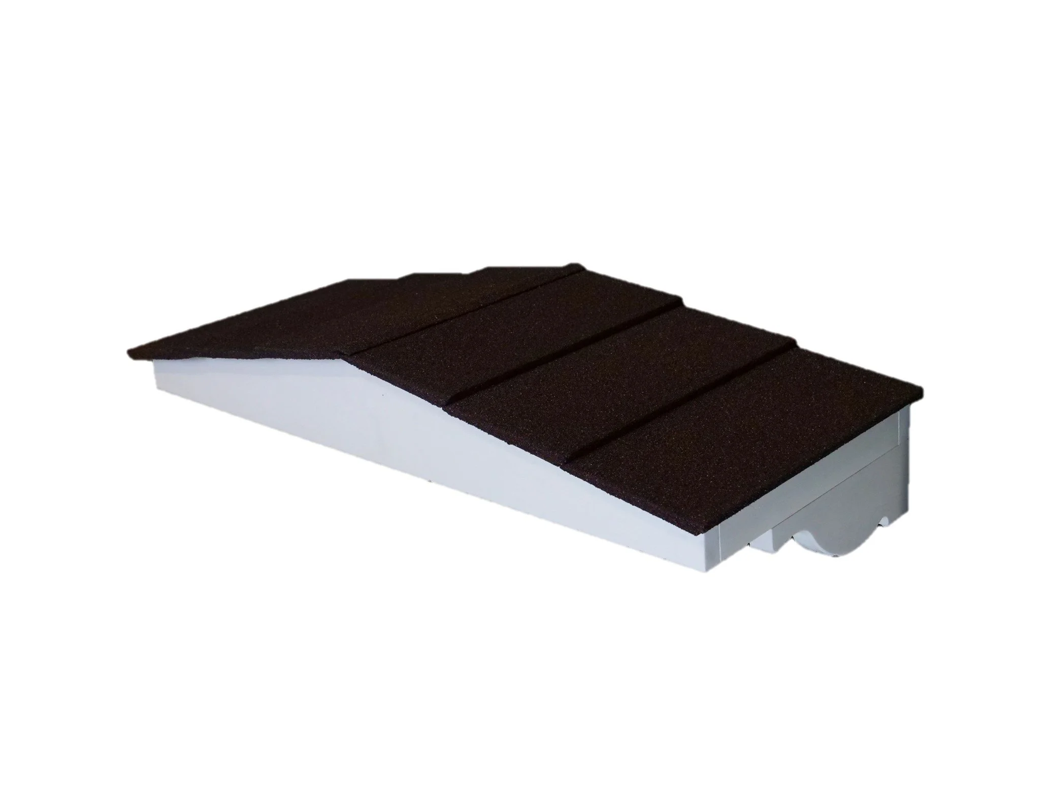 a black roofed low pitch door canopy with a white frame