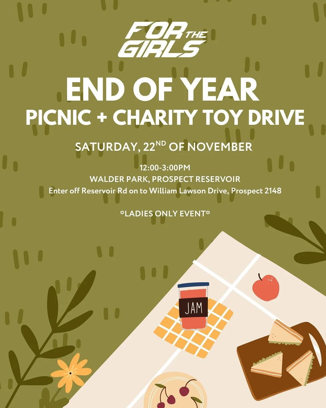 💖 Ladies, join us for the For The Girls End of Year Picnic + Charity Toy Drive on Saturday, Nov 22 from 12&ndash;3PM at Walder Park, Prospect Reservoir! 🧺🌿

Bring your lunch, a picnic blanket, hat + sunscreen and come hang out with other car + bik