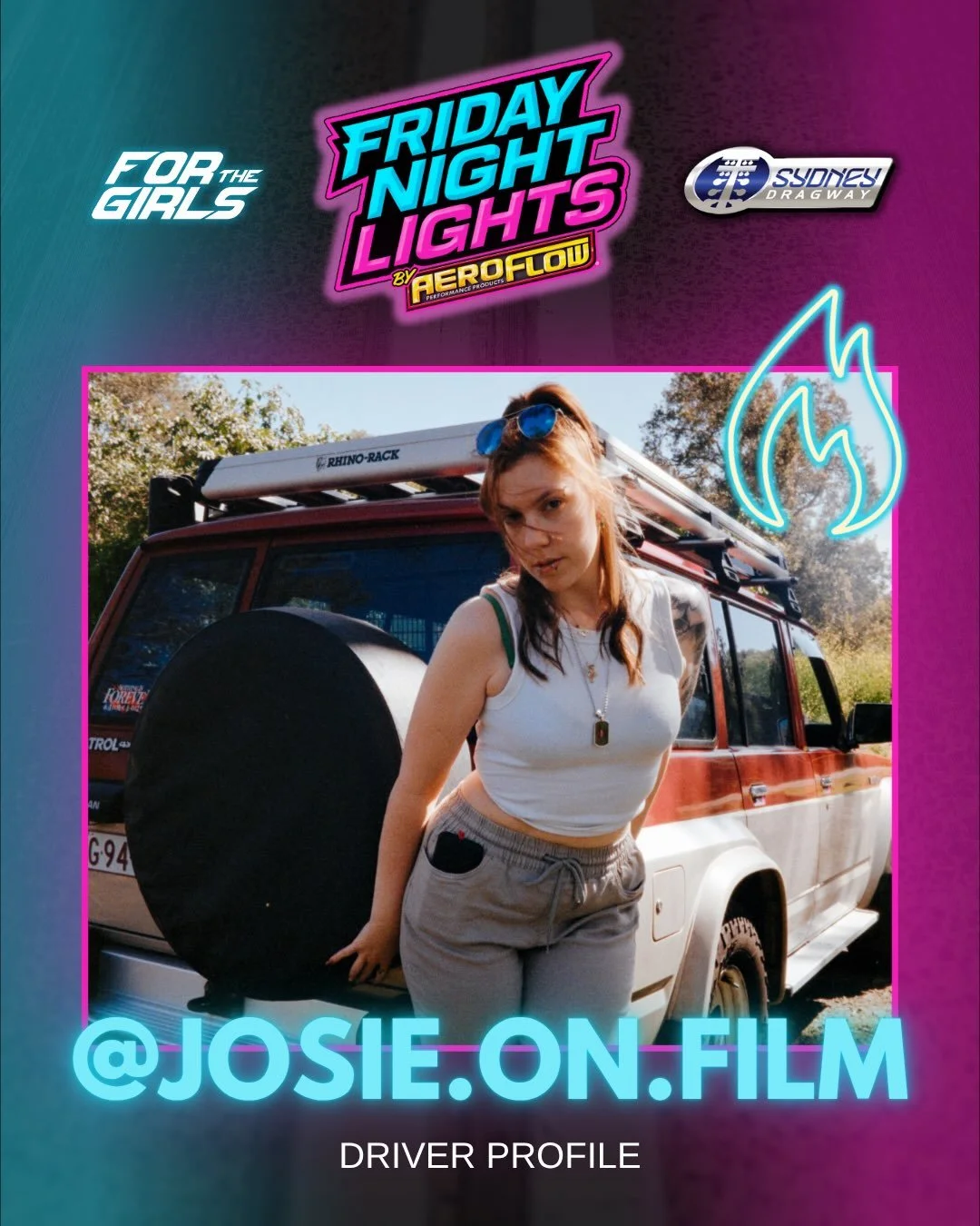 Meet @josie.on.film and Scorpion, her 1991 Nissan GQ Patrol! 🦂🔥

Josie &amp; her GQ are coming out to For The Girls x Friday Night Lights by @aeroflowperformance this Friday at Sydney Dragway, and they're ready to hit the drag strip! 🏁

Quarter mi