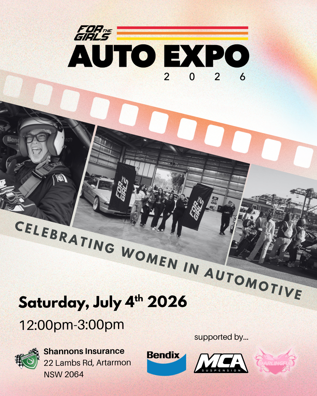 Poster for the 2026 For the Girls Auto Expo, celebrating women in automotive, with photos of women at racing, in a car showroom, and outside in front of cars, event details including date, time, location, and sponsors.