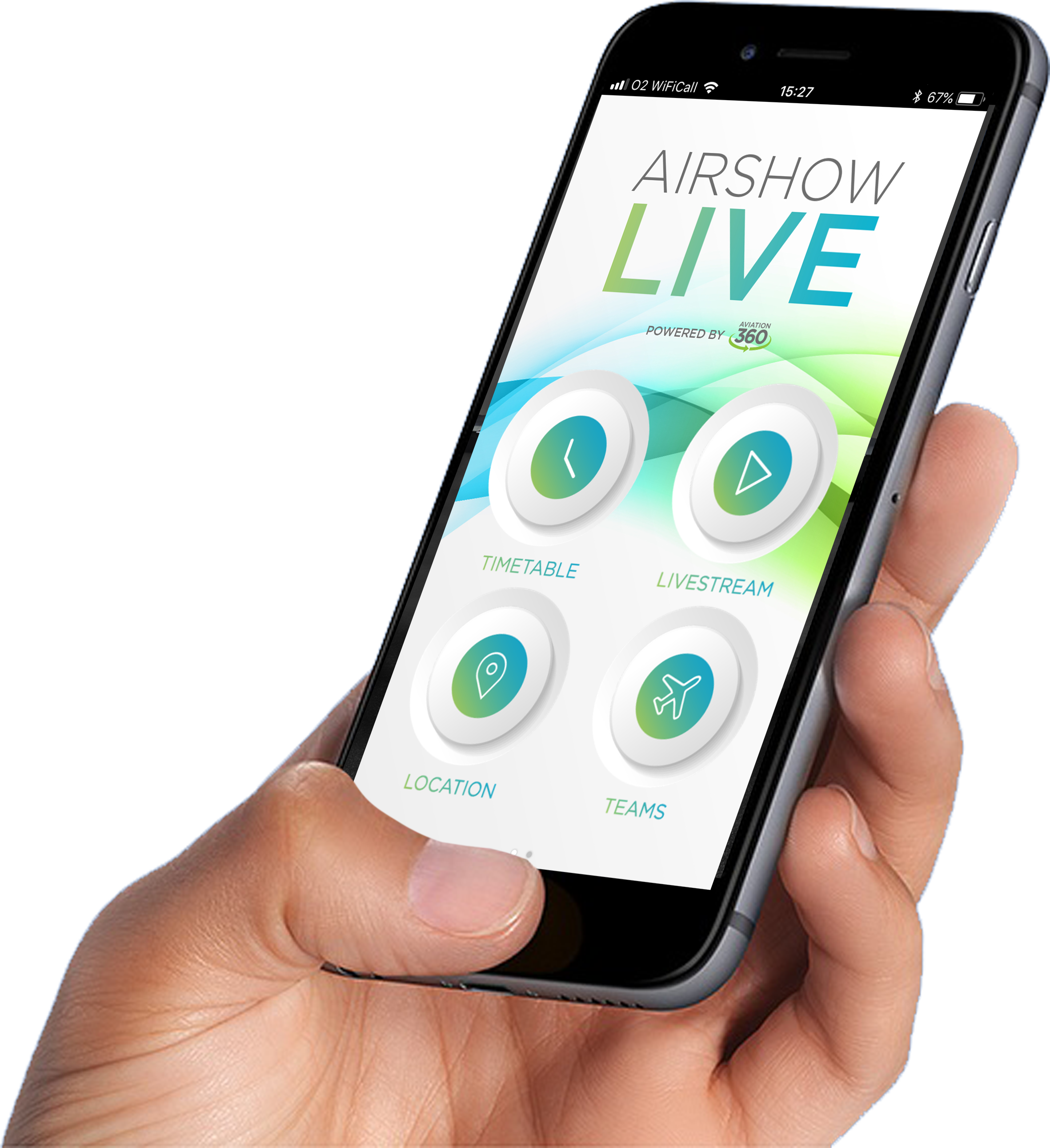 Hand holding a smartphone displaying an app called 'Airshow Live' with options for timetable, livestream, location, and teams.