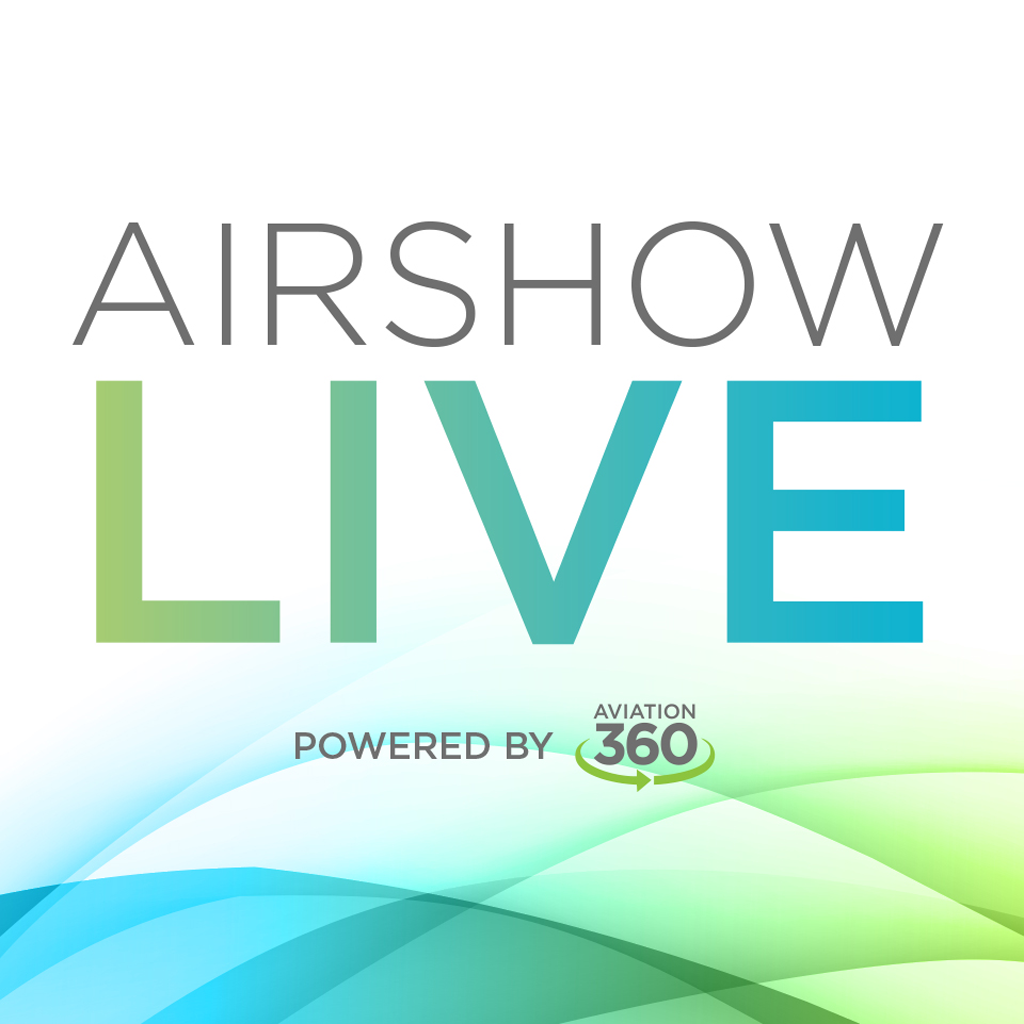 Logo for Airshow Live, powered by Aviation 360 with green and blue curved design elements.