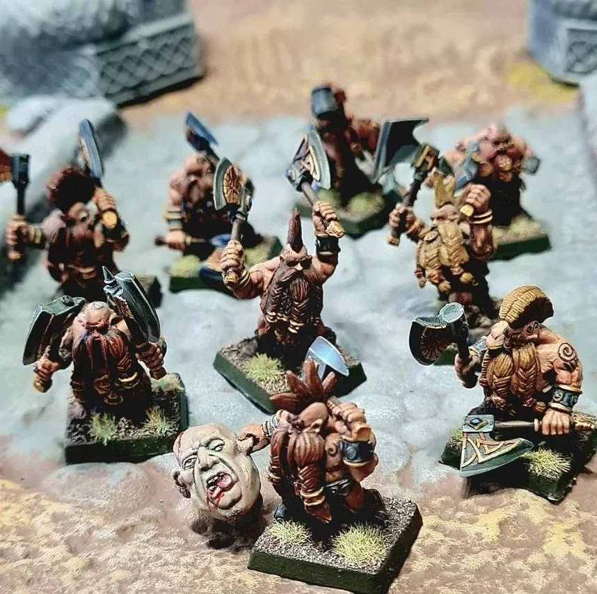 Old School Dwarf Berserkers carrying a Giant’s severed head back to the clan hall – multi-part fantasy miniatures by Avatars of War