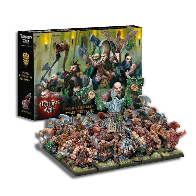 Avatars of War Old School Dwarf Berserkers multi-part plastic regiment box and miniatures displayed on the battlefield.