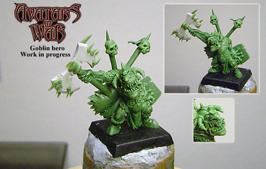 Goblin Hero work in progress showing the original green sculpt during development for the classic Avatars of War range