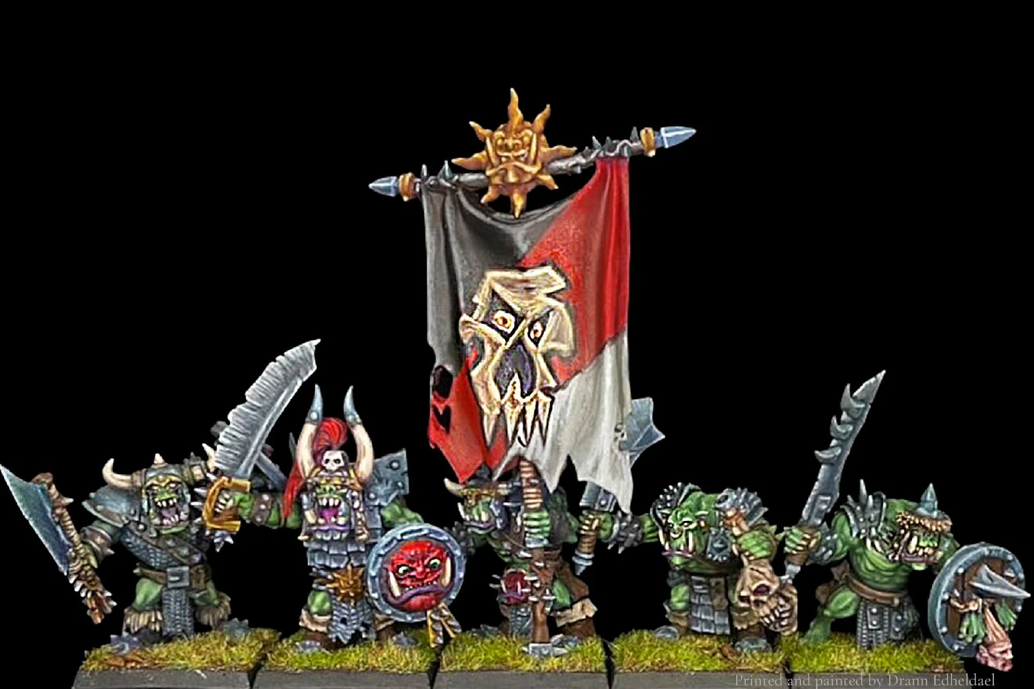 Orc Warrior unit 28mm STL for 3D printing, painted example of a fully assembled regiment including standard bearer and command group. Compatible with traditional fantasy wargame armies and designed for high-resolution resin printers.