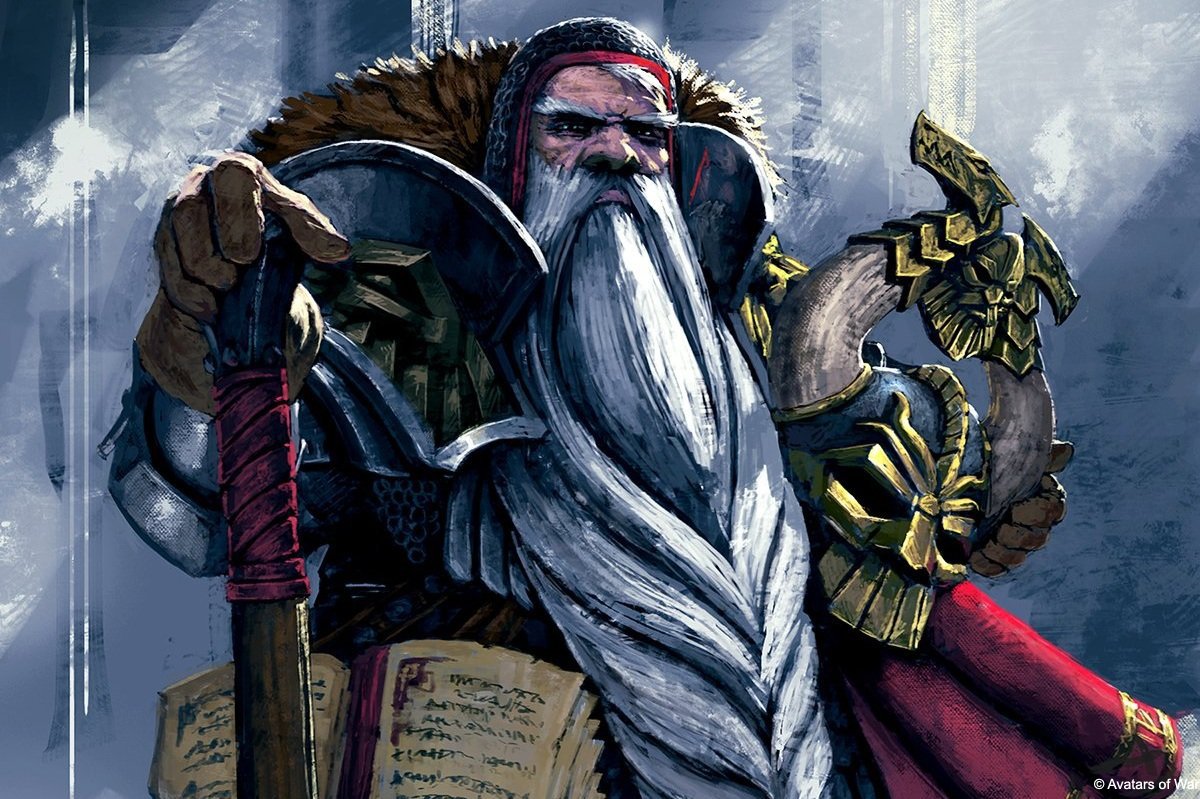 Illustration of an old-school dwarf lord with white beard, golden armor, and rune-covered book – symbol of Avatars of War's fantasy legacy.