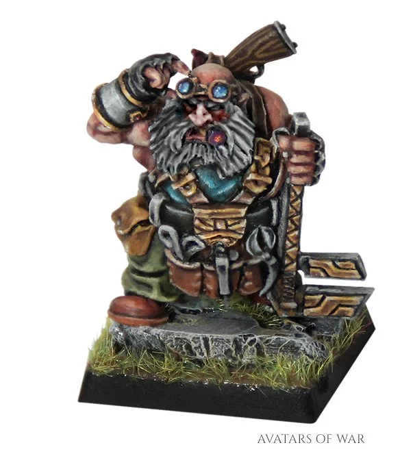 Classic Old School dwarf engineer metal miniature, original hand sculpted model from Avatars of War legacy range