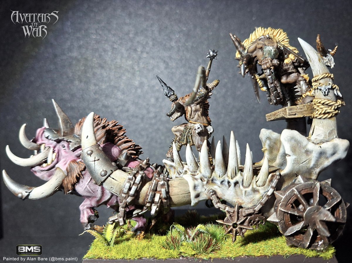 Beastmen Chariot miniature side view showing bone structure and worn metal details