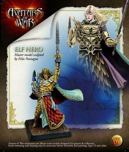 High elf hero 28mm metal fantasy miniature blister artwork for tabletop wargames from the classic Avatars of War range.