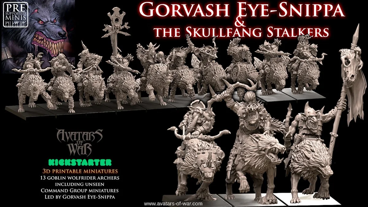 Goblin Wolfrider Archers STL miniatures by Avatars of War, Skullfang Stalkers regiment for 3D printing on Kickstarter