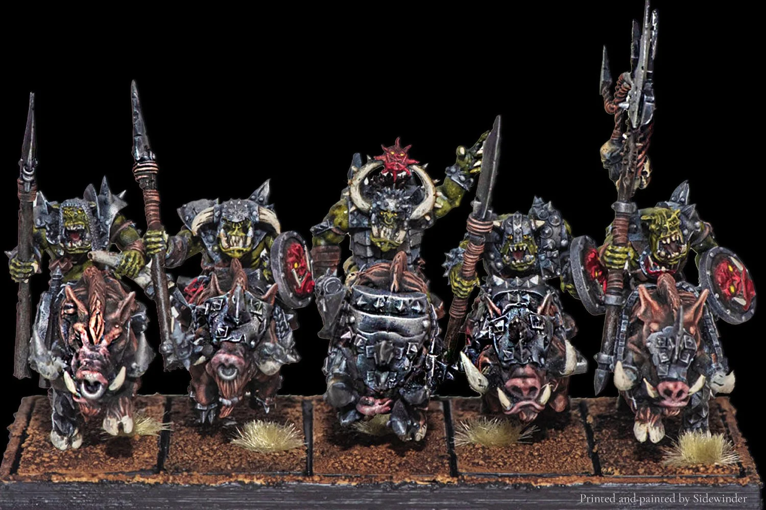 28mm Orc Boar unit STL for 3D printing, painted example showcasing detailed mounts, weapons and rank formation. Designed for resin printers and fully compatible with traditional Old School fantasy armies.