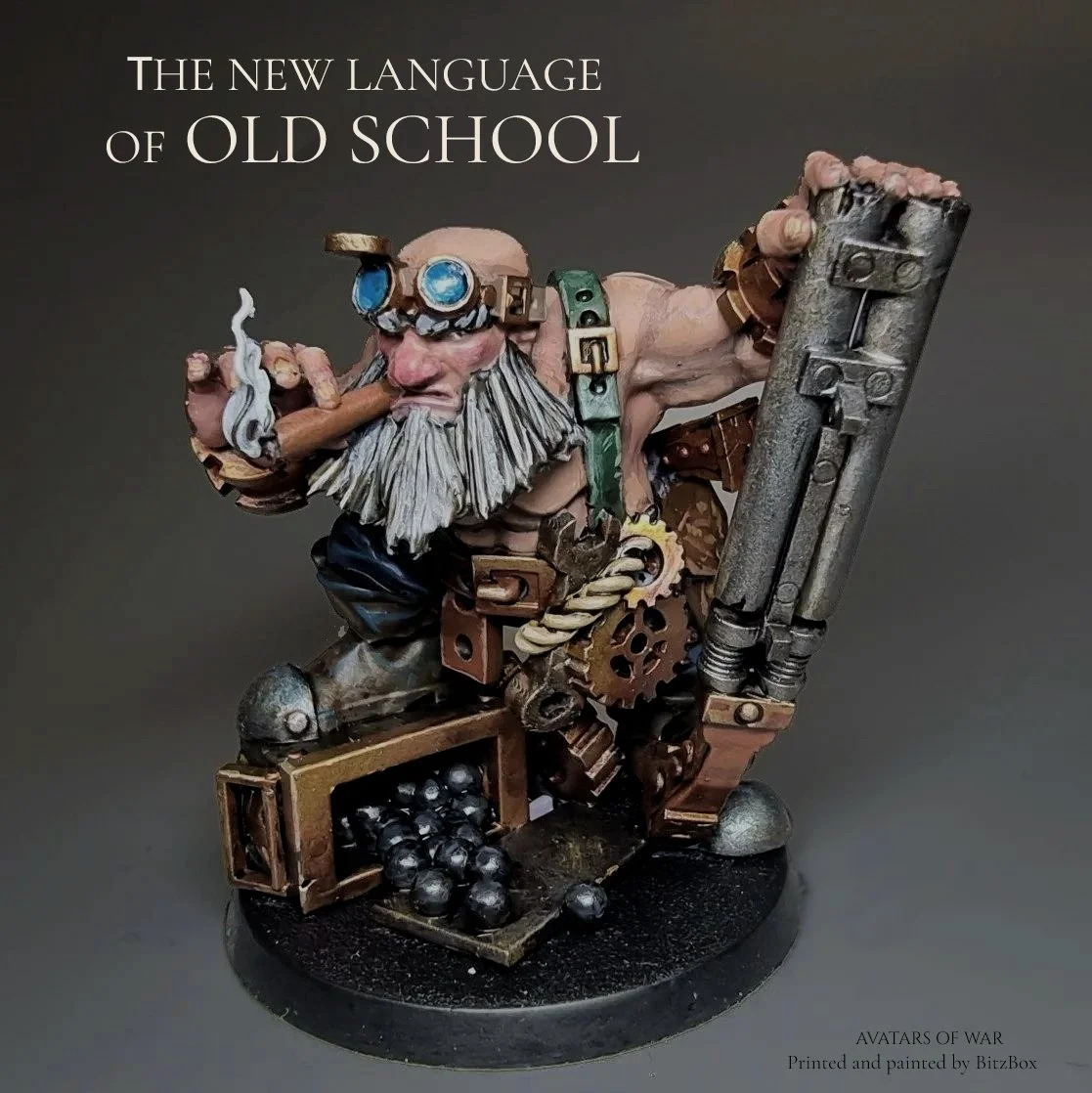 Old School dwarf engineer miniature painted, example of character, silhouette and presence in 3D miniatures