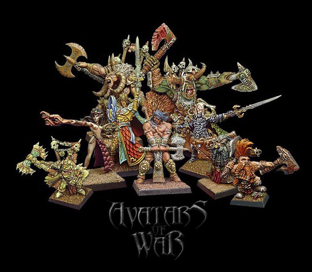 Painted miniatures of Avatars of War heroes including chaos warriors, beastmen, dwarves, and barbarians — a showcase of old school fantasy champions in 28mm scale.