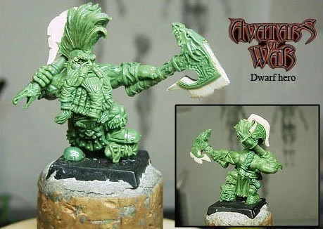 Dwarf Berserker 28mm metal fantasy miniature, original Avatars of War green sculpt from 2006