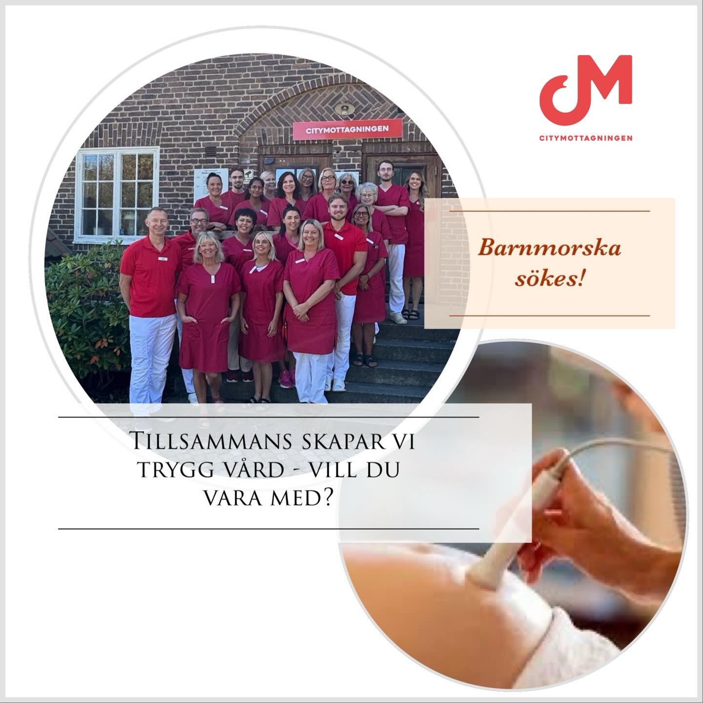 Tillsammans skapar vi trygg v&aring;rd - Vill du vara med? 🌱

Citymottagningen &auml;r en privat mottagning som p&aring; uppdrag av Region Sk&aring;ne bedriver Barnmorskemottagning med ett brett uppdrag inom reproduktiv h&auml;lsa. M&ouml;drav&aring