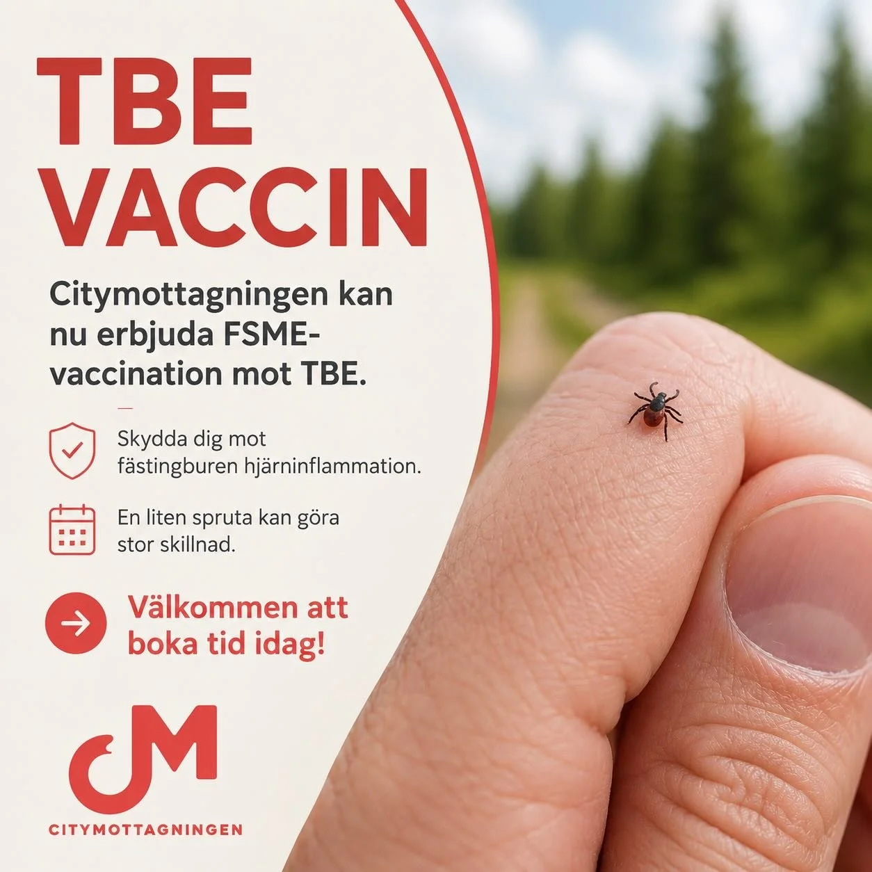 Citymottagningen kan nu erbjuda FSME-vaccination mot TBE🌾

Kampanjpris JUNI m&aring;nad
Vuxen: 420kr
Barn 390kr

Ord.pris vuxen: 470kr
Ord.pris barn: 430kr

TBE kan drabba hj&auml;rnan och ge livsl&aring;nga besv&auml;r. TBE &auml;r en virussjukdom 