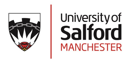 University of Salford Manchester logo with a black and white shield featuring a crown and a red dragon's head.