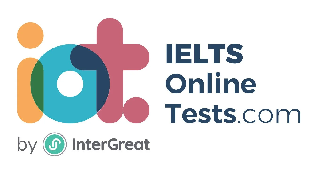 Logo for IELTS Online Tests.com by InterGreat, featuring colorful abstract shapes with the website name.