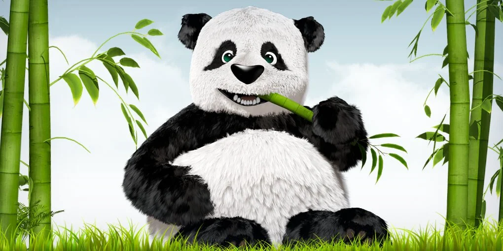 A cartoon panda sitting in bamboo forest, eating bamboo stalk.