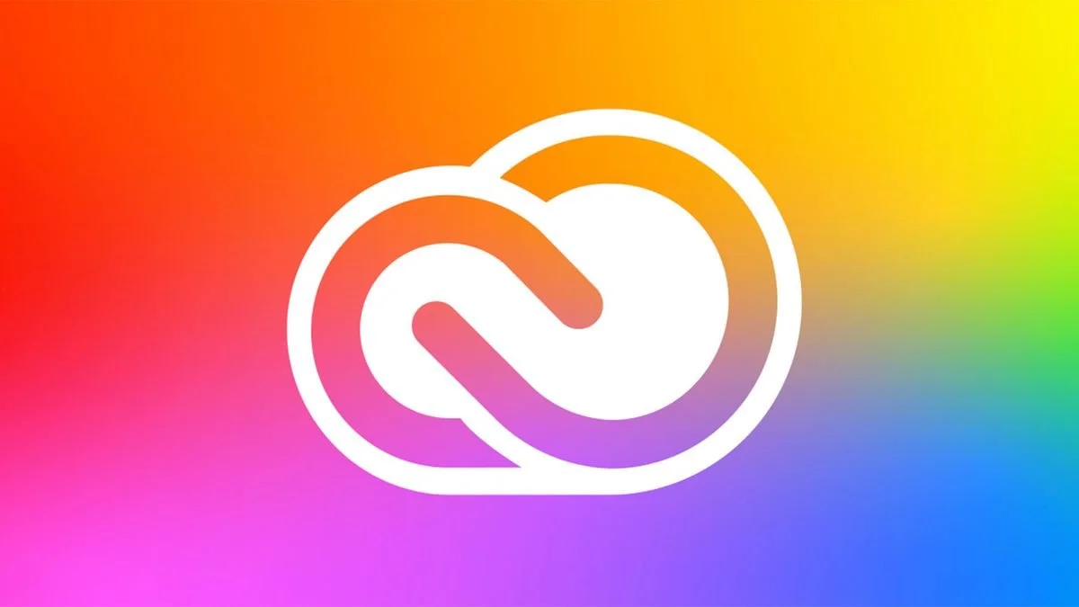 Adobe Creative Cloud logo with a rainbow gradient background.