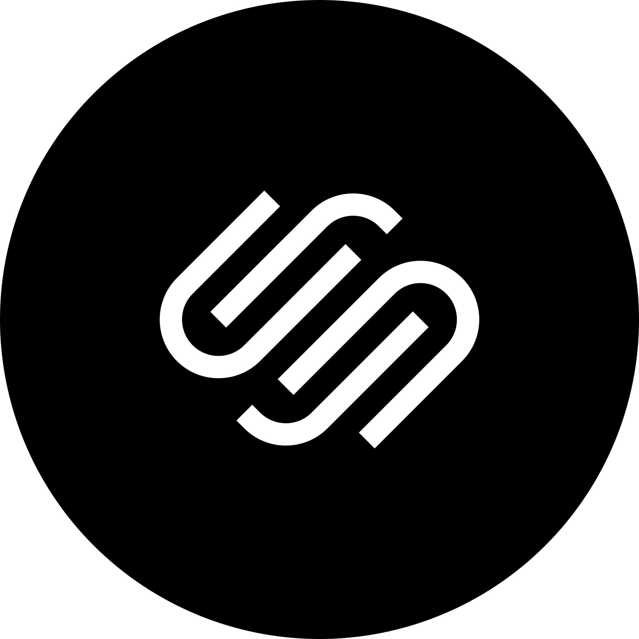 Black background with a white, geometrical, interconnected logo in the center.