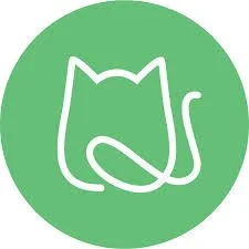 Green circle with a white outline of a sitting cat with a curled tail.