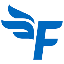 A stylized blue logo featuring wings and a letter 'F'