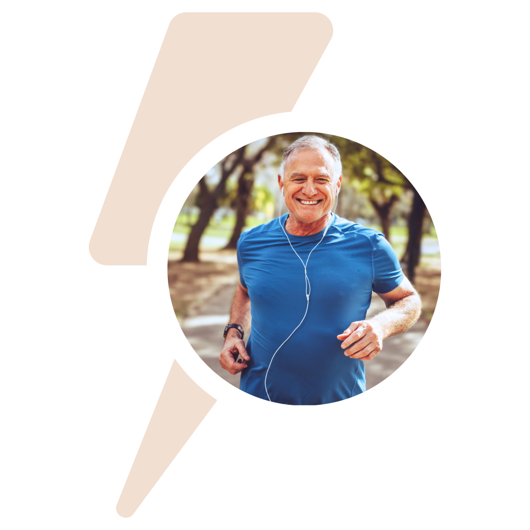 Icon of energy lightning bolt beside man jogging outdoors, wearing a blue shirt and earphones, smiling, with trees in the background.