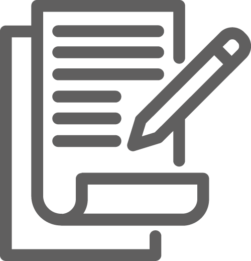 Dark gray ion of a pen and a paper with text lines, representing writing or editing forms.