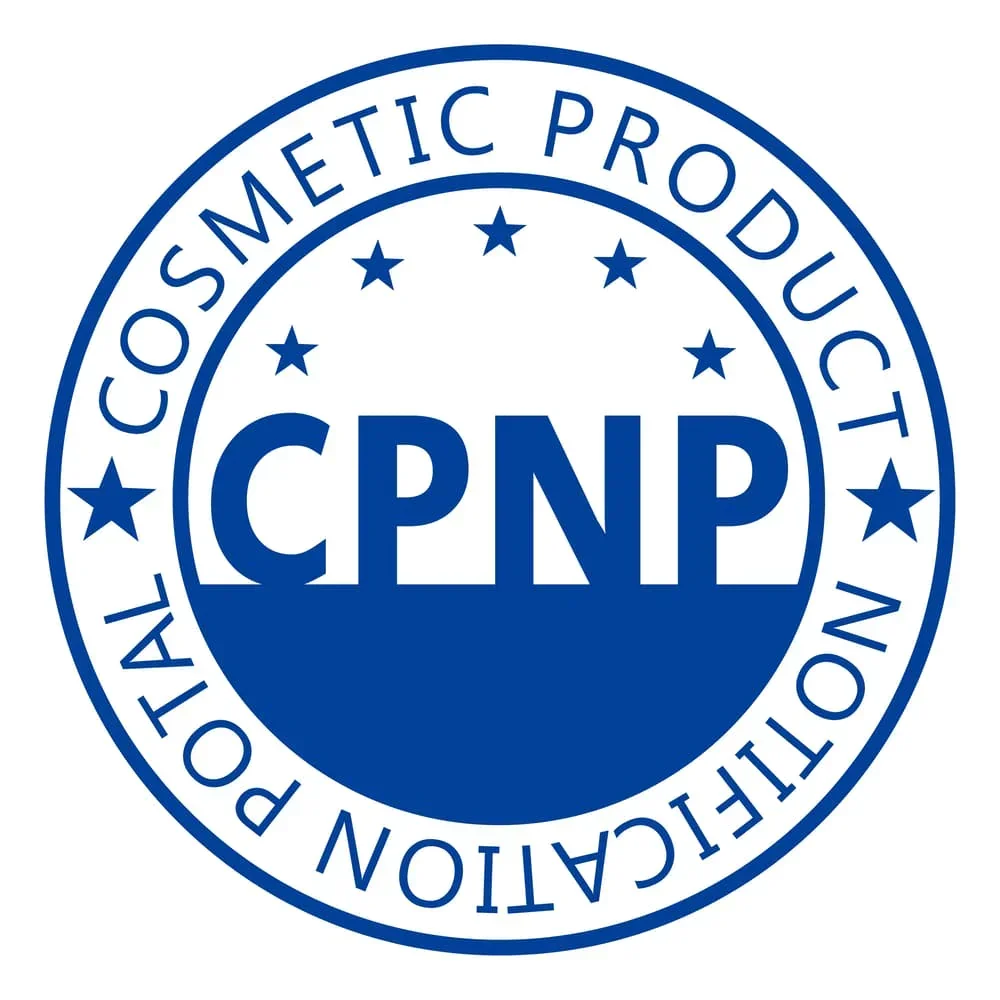 Seal for the Cosmetic Product Notification Portal with blue text and stars, indicating approval or certification.