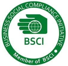 Green circular BSCI certification logo with a hand holding a globe and the text 'BUSINESS SOCIAL COMPLIANCE INITIATIVE' and 'Member of BSCI'.