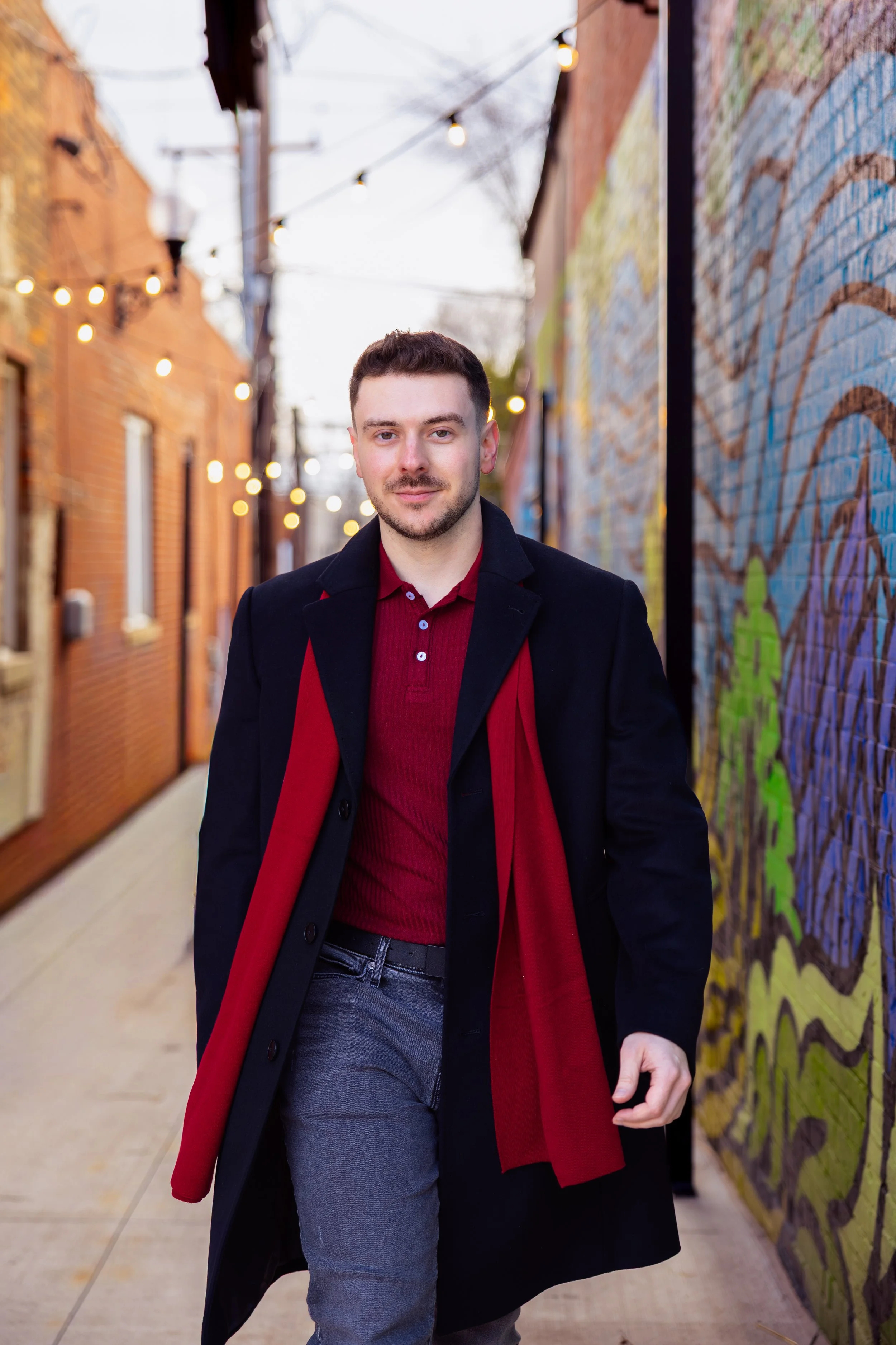 Indianapolis portrait session of a man walking outdoors in winter