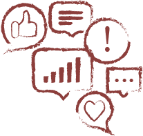 Dessins de bulles de conversation avec icônes de pouce levé, horloge, graphique, cœur, et point d'interrogation.