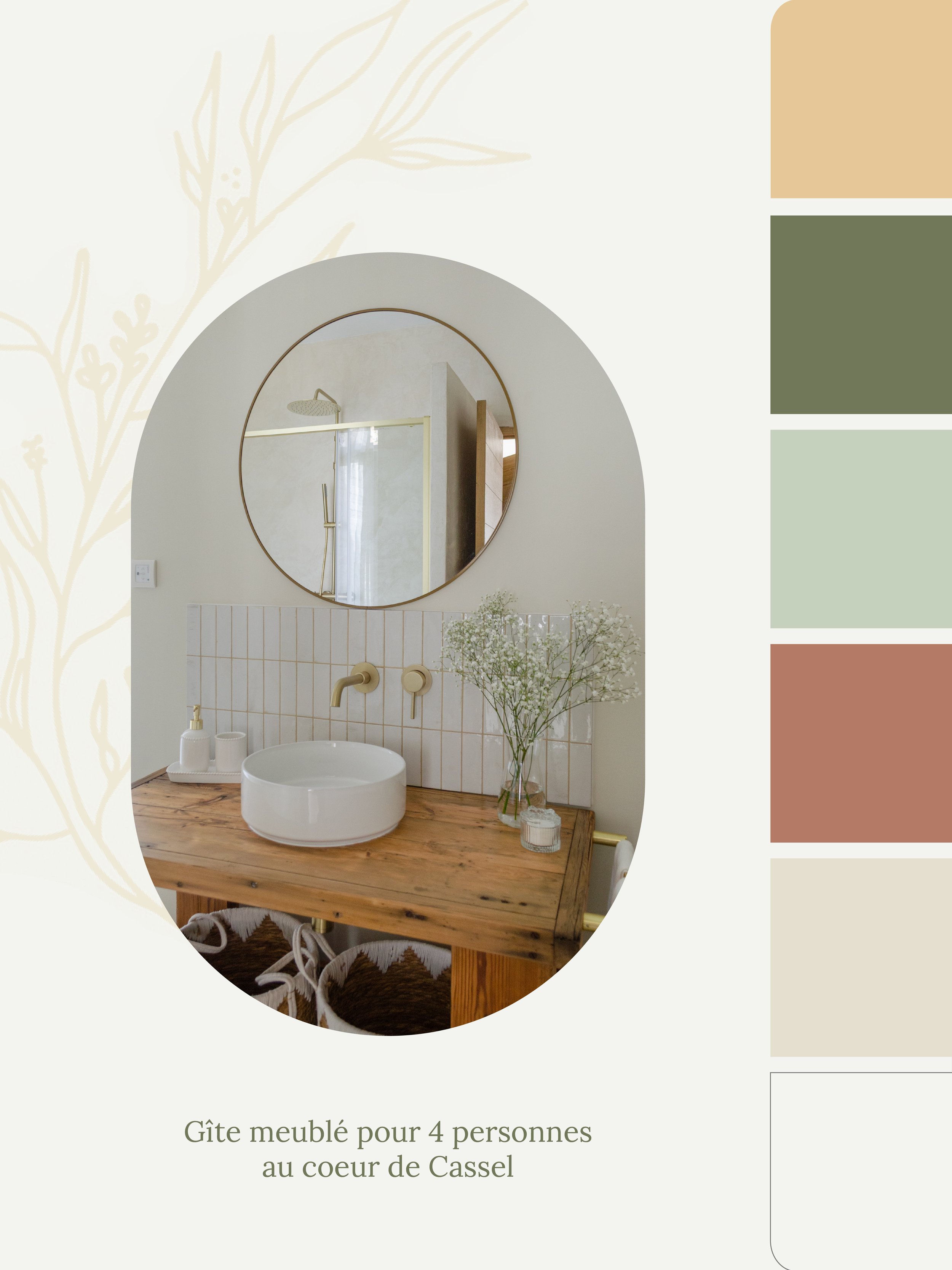 Un miroir rond au-dessus d'un lavabo dans une salle de bain. La salle de bain a un style minimaliste avec des murs clairs et des éléments en bois. Il y a une plante en fleurs et des accessoires de salle de bain en blanc sur la table en bois.