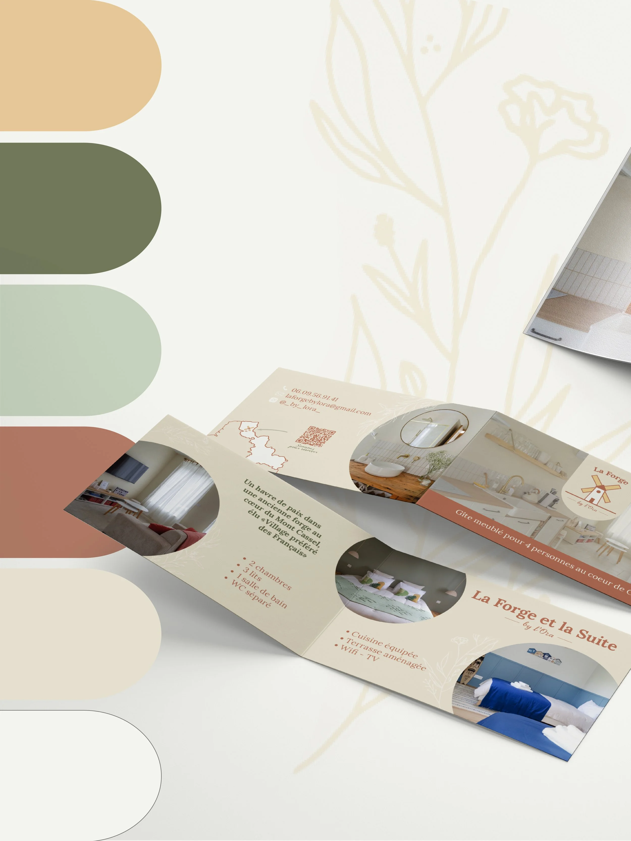 Flyer promotionnel pour une location de gîte comprenant des images de chambres, cuisine, terrasse, et informations de contact.