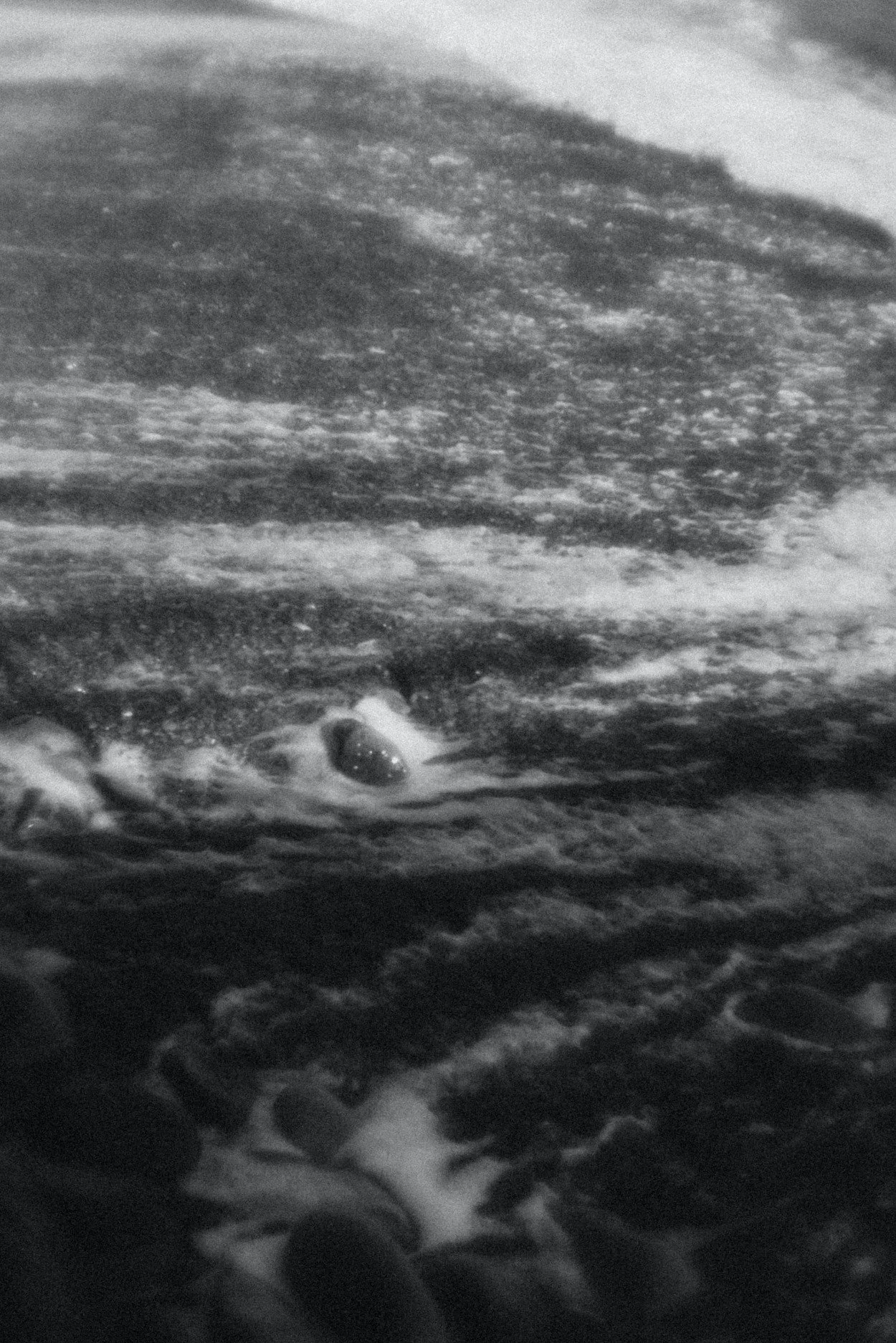 Black and white photograph of water flowing over rounded stones or rocks in a stream or river.